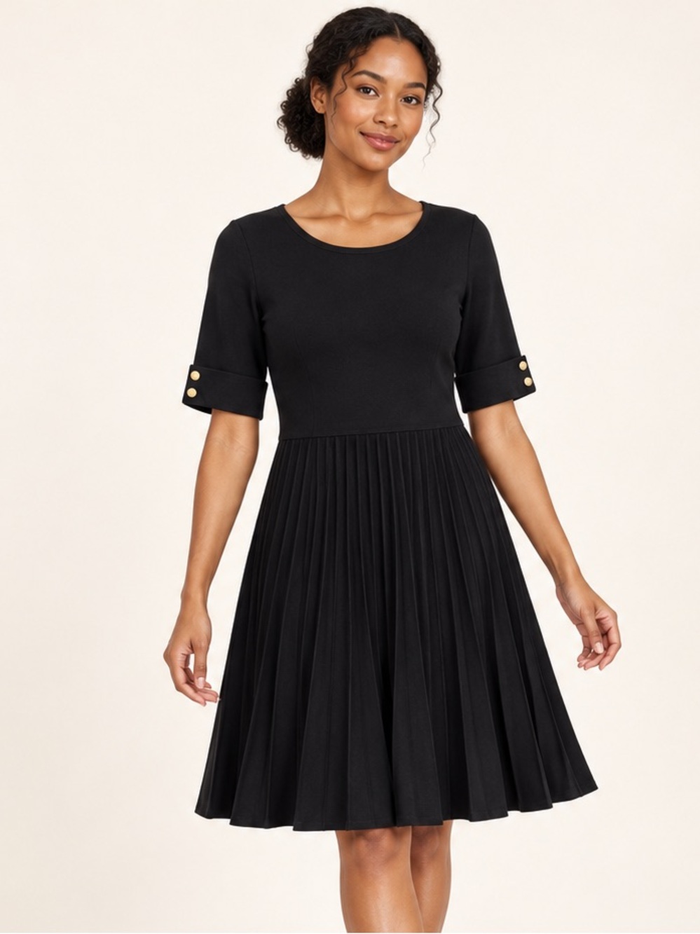 RW&CO Black Knit Pleated Fit & Flare Dress Gold Buttons Size Large